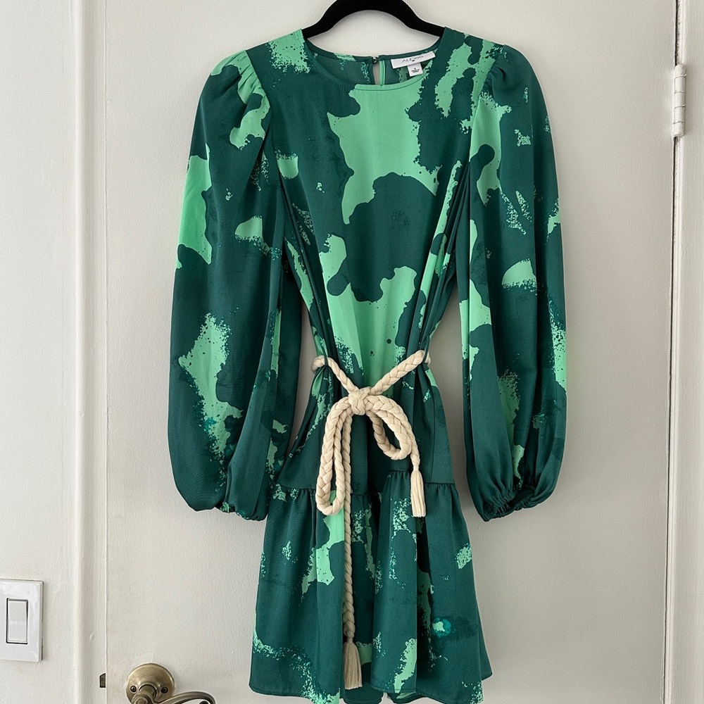 Green Floral Long Sleeve Dress with Rope Tie Waistband size Medium